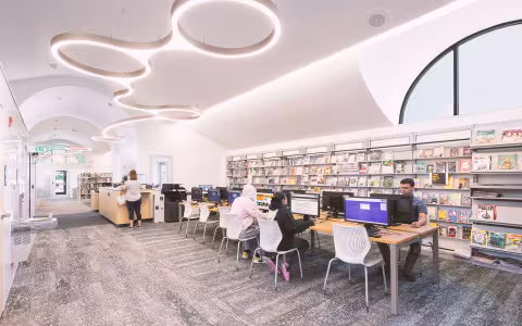 Library patrons using computers in the Middletown Library